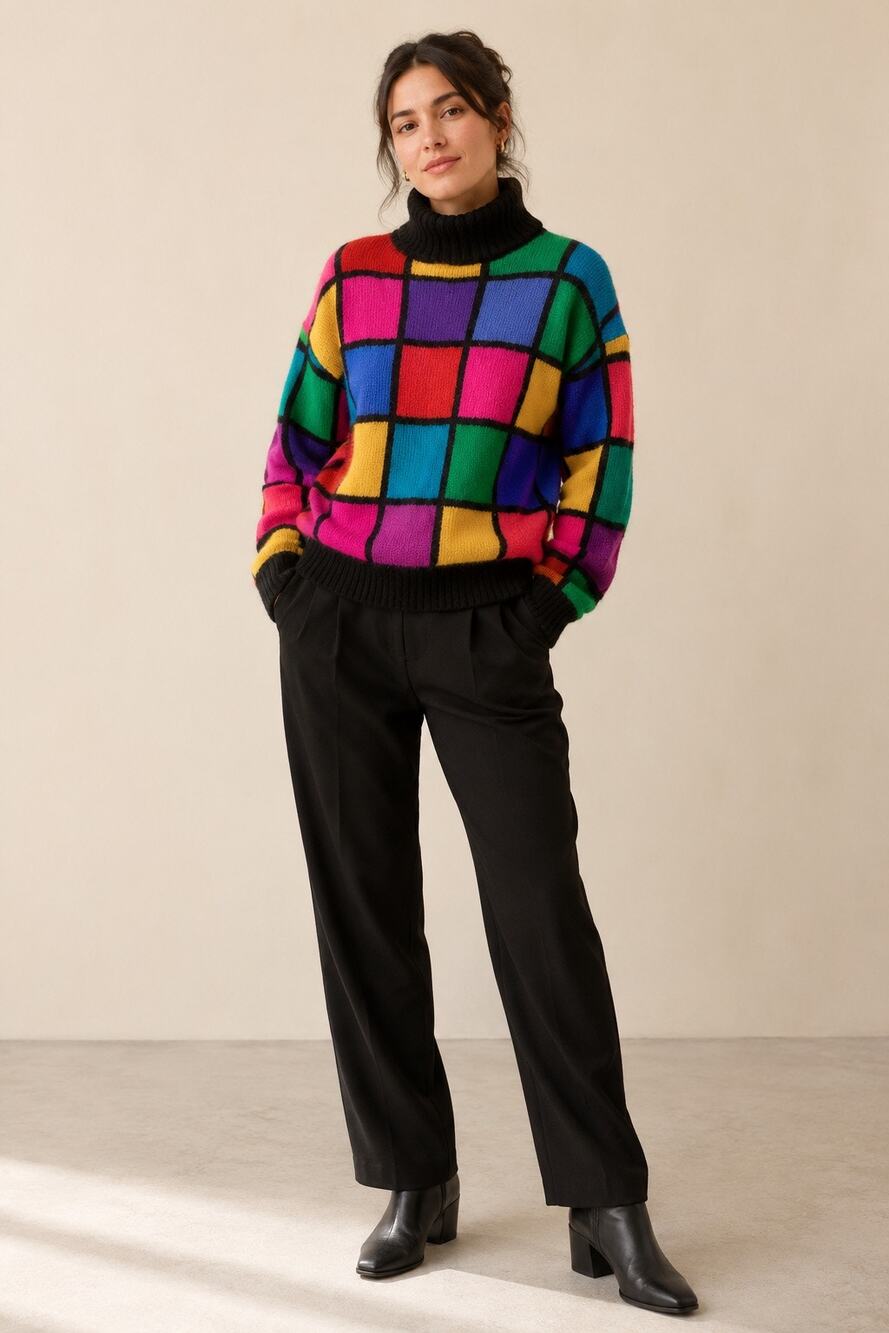 Vintage 80s Rafaella Angora Lambswool Sweater Women’s M Rainbow Geometric Grid